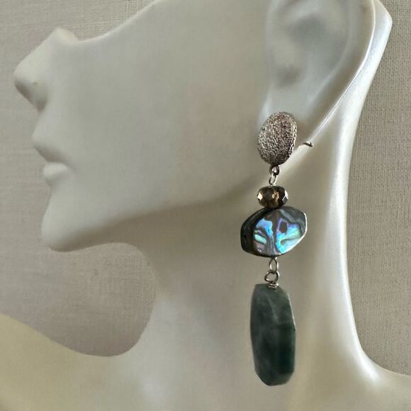 Sterling Silver Abalone  smoky quartz & Moss Agate Dangle Earrings - Picture 3 of 9